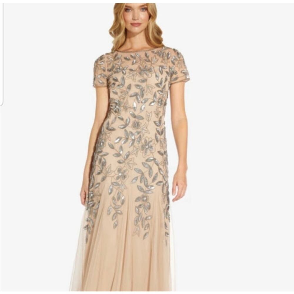 NWT Adrianna Papell Floral Beaded Sequin Godet Dress Dusty Rose Nude Silver